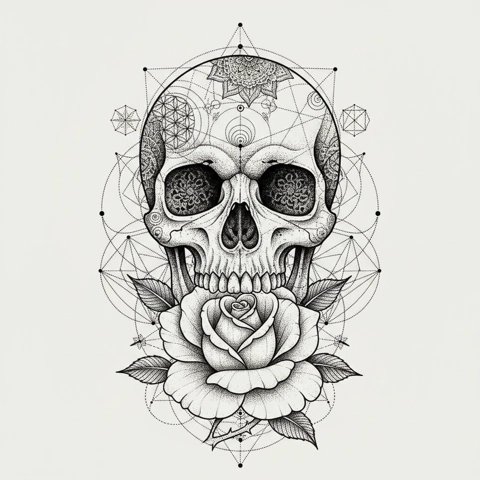Dotwork geometric skull and rose tattoo stencil