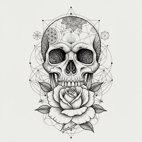 dotwork geometric skull rose tattoo design