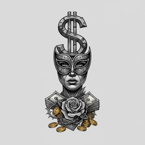 masked woman dollar sign tattoo design