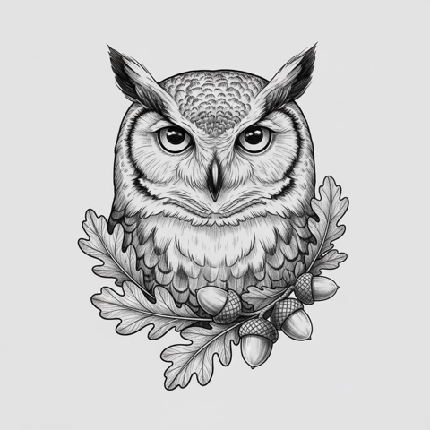 owl with oak foliage tattoo design