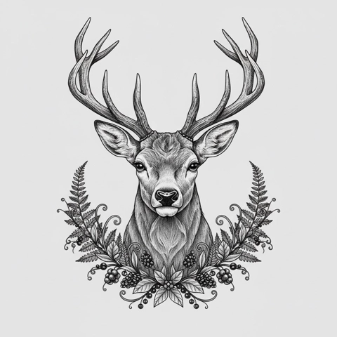 stag with ferns berries tattoo design